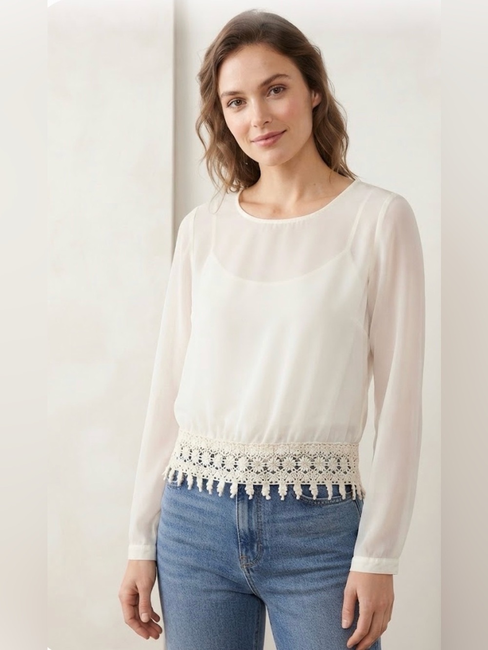 Xhilaration White Long Sleeve Sheer Blouse with Crochet Fringe Hem